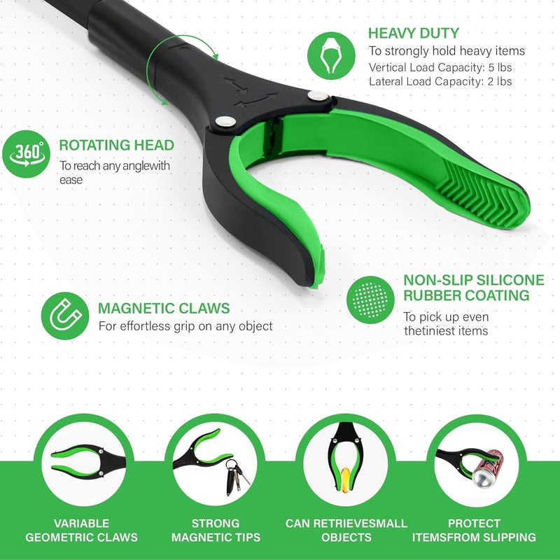 GrabRunner 2 Pack 32 inch Folding Reacher Grabber Tool with Strong Magnetic and Swivel Head &Shoehorn (Green Green) - Image 2